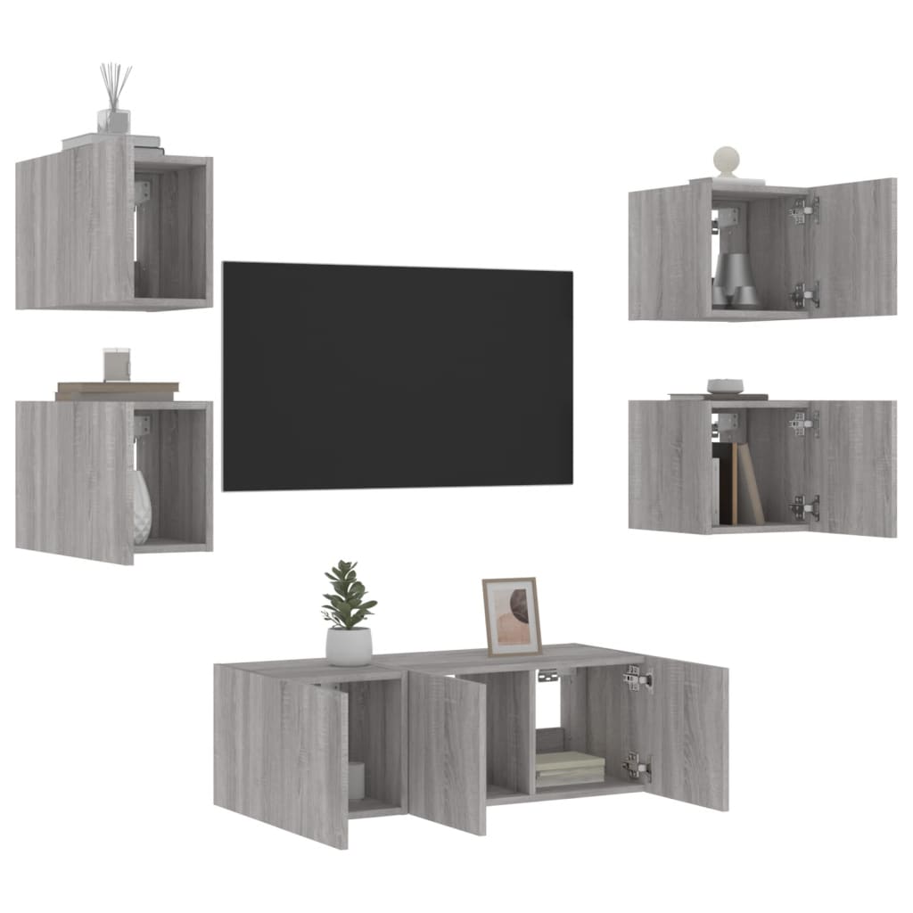 Έπιπλα Τοίχου Τηλεόρασης 6 τεμ. LED Γκρι Sonoma από Επεξ. Ξύλο