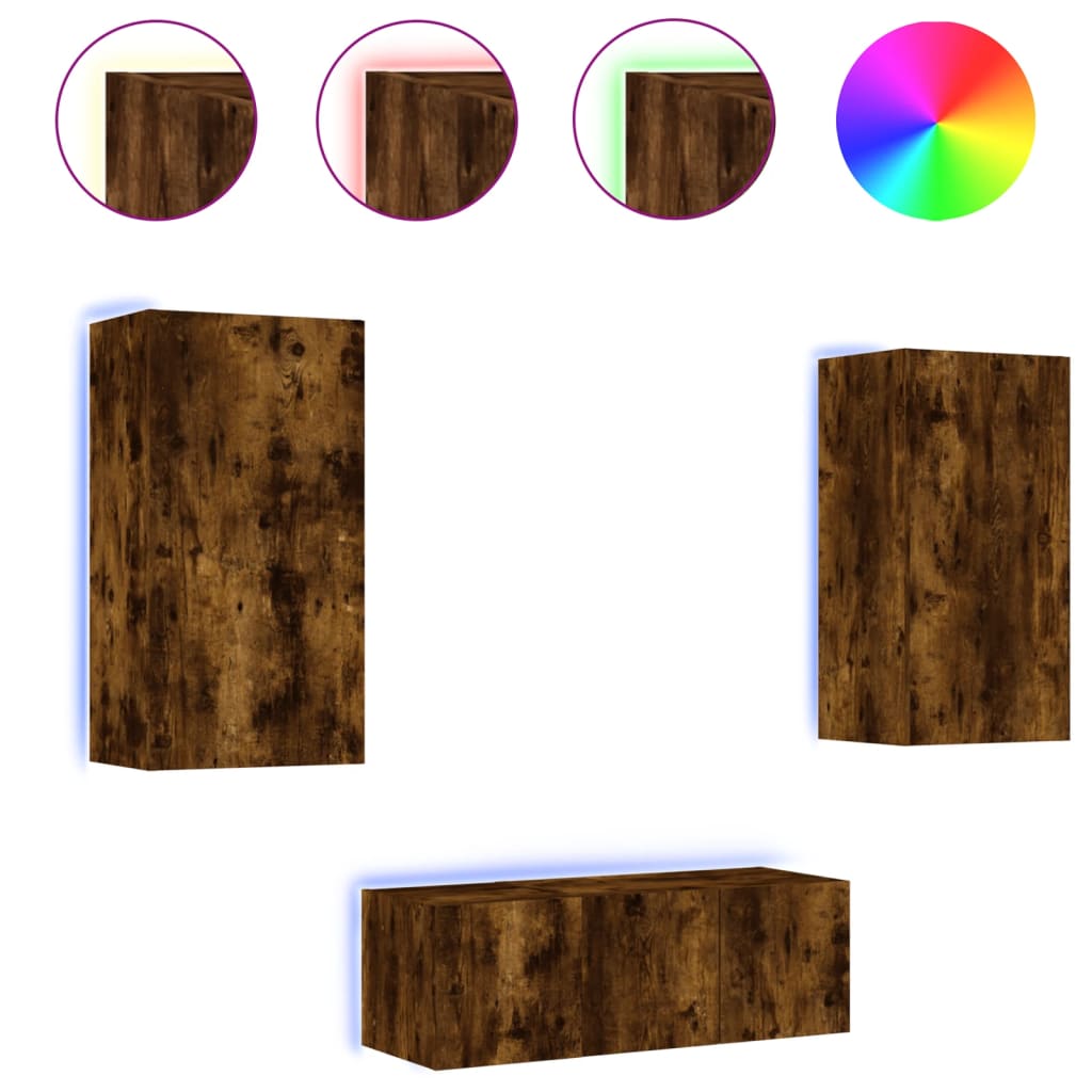 Έπιπλα Τοίχου Τηλεόρασης 4 τεμ LED Καπνιστή Δρυς από Επεξ. Ξύλο