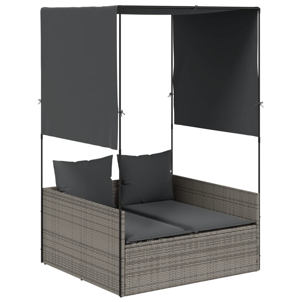 Ξαπλώστρα Διπλή Γκρι από Συνθετικό Ρατάν με Οροφή / Κουρτίνες