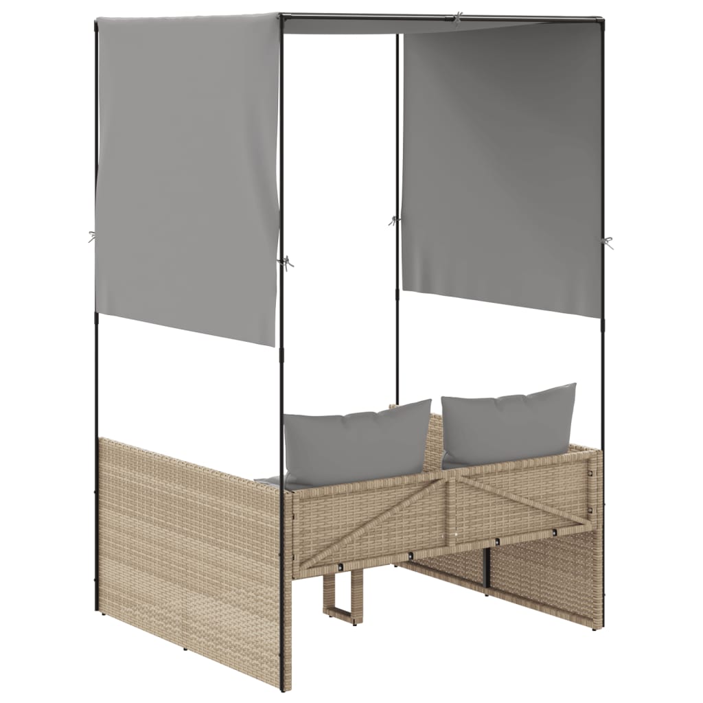 Ξαπλώστρα Διπλή Μπεζ από Συνθετικό Ρατάν με Οροφή / Κουρτίνες