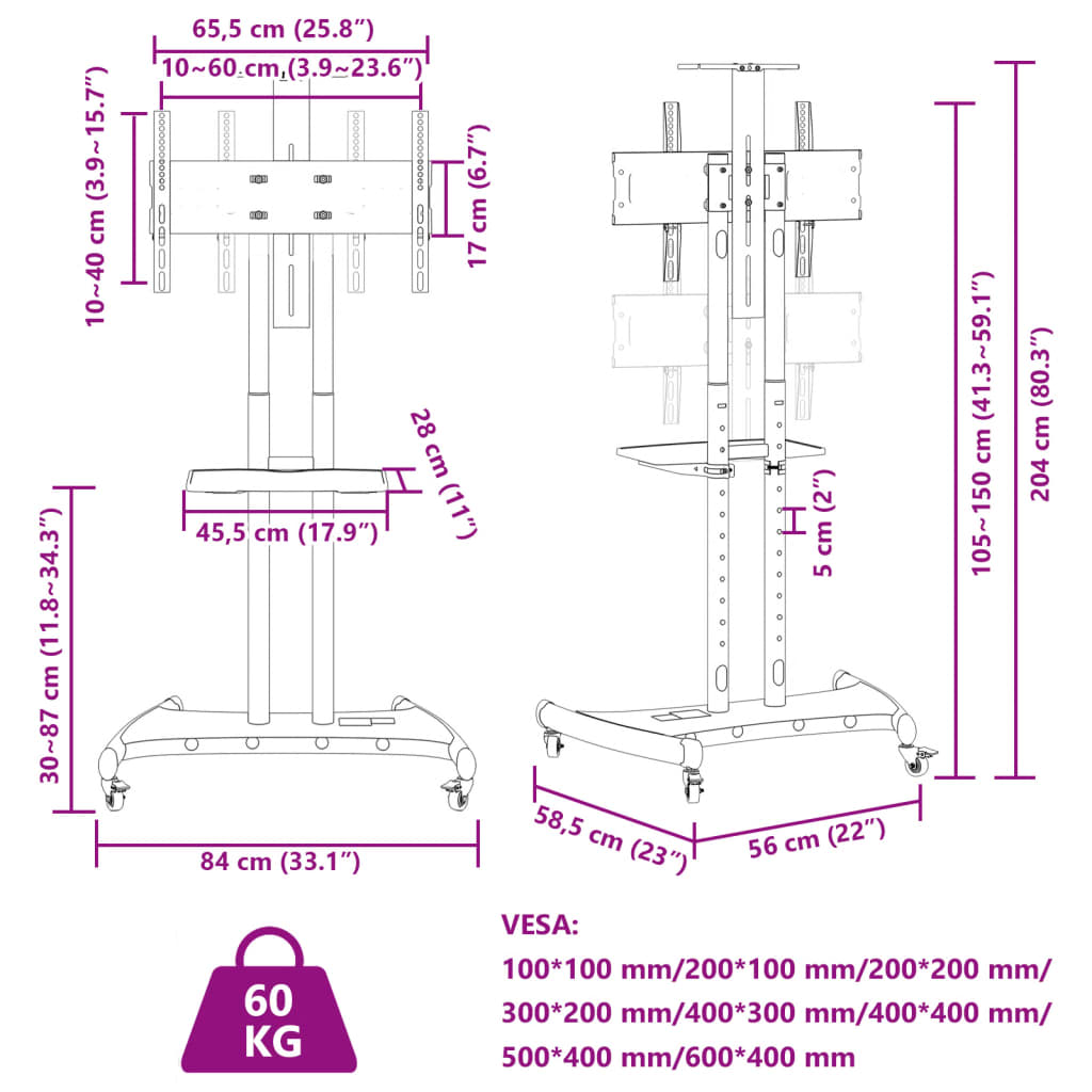 Βάση Τηλεόρασης με Τροχούς 32-70Ιν. Max VESA 600x400χιλ. 60κ. - Pakobazaar