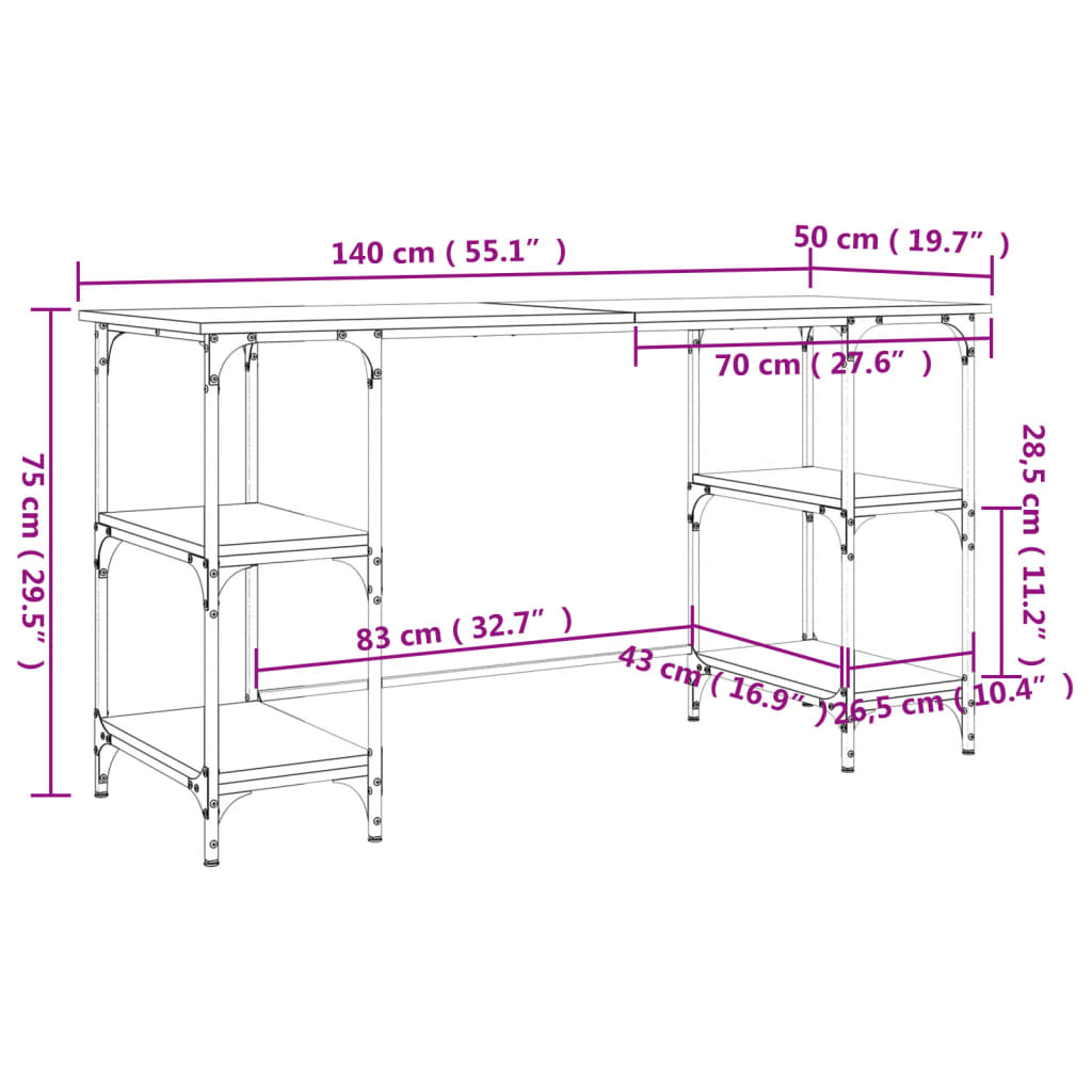 Γραφείο Καφέ Δρυς 140x50x75 εκ. Μέταλλο & Επεξεργασμένο Ξύλο