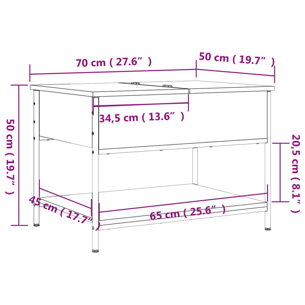 Τραπεζάκι Σαλονιού Γκρι Sonoma 70x50x50 εκ. Επεξ. Ξύλο/Μέταλλο
