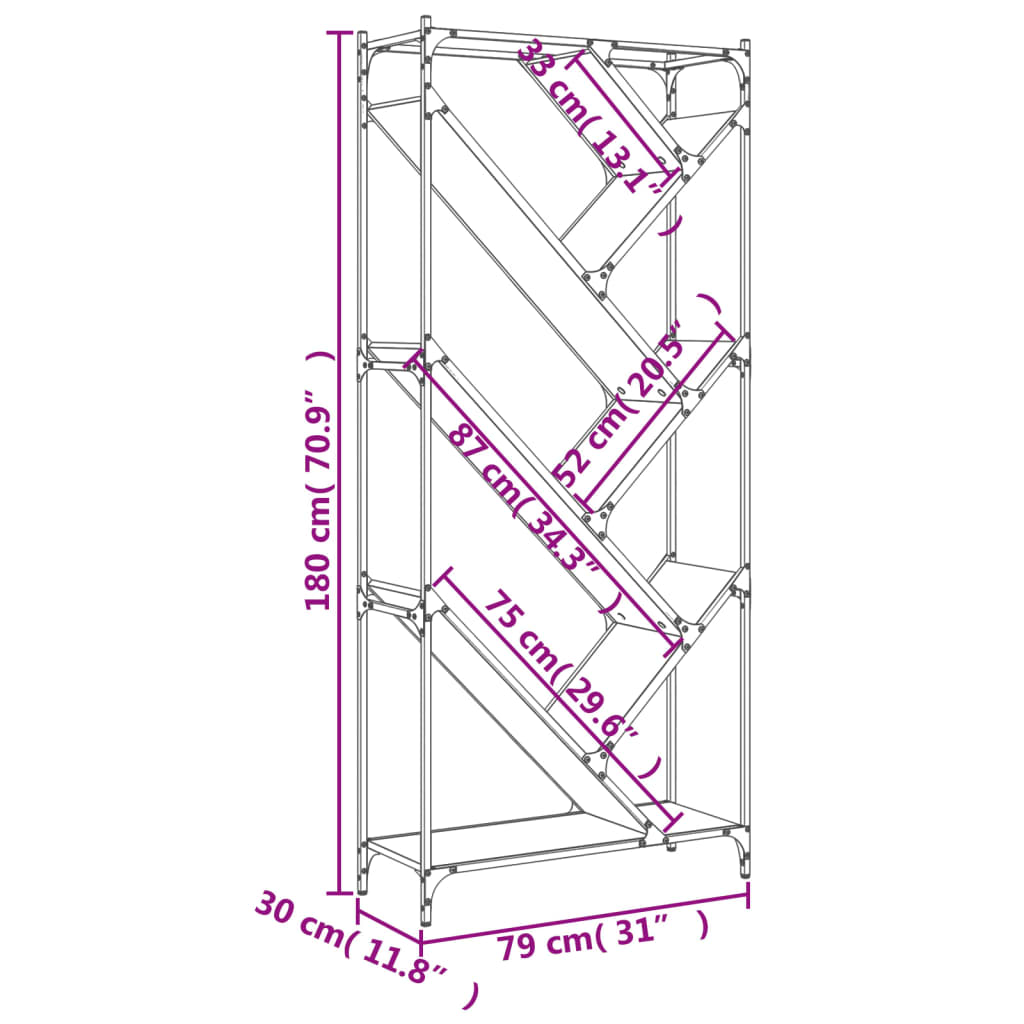 Βιβλιοθήκη Καφέ Δρυς 79x30x180 εκ. Επεξεργ. Ξύλο & Μέταλλο