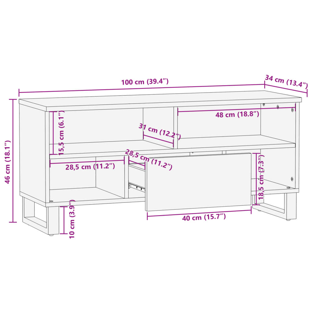 Έπιπλο Τηλεόρασης 100 x 34 x 46 εκ. Μασίφ Ακατέργ. Ξύλο Μάνγκο - Pakobazaar
