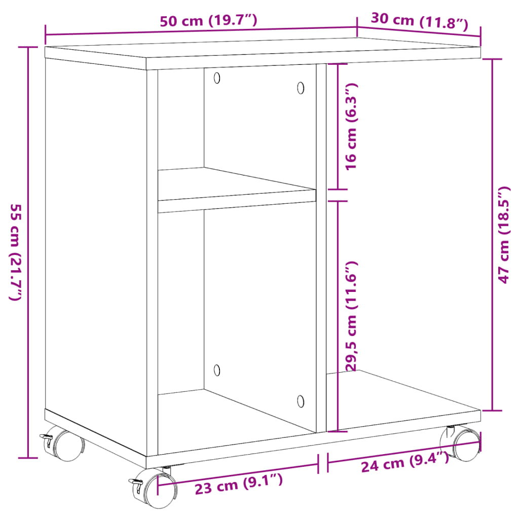 Βοηθητικό Τραπέζι με Ρόδες Καφέ Δρυς 50x30x55 εκ. Επεξ. Ξύλο