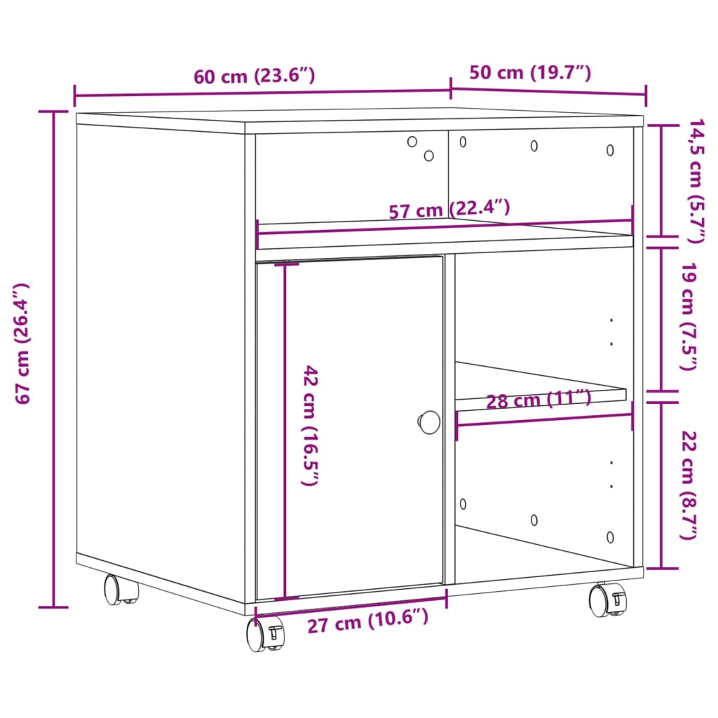 Βάση Εκτυπωτή με Ρόδες Καπνιστή Δρυς 60x50x67 εκ. - Pakobazaar