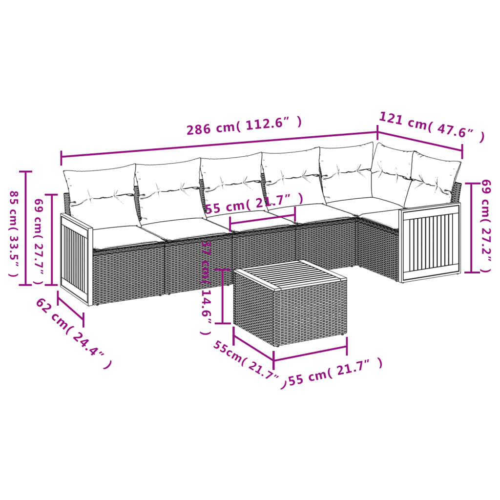 Σετ Σαλονιού Κήπου 7 τεμ. Γκρι Συνθετικό Ρατάν με Μαξιλάρια
