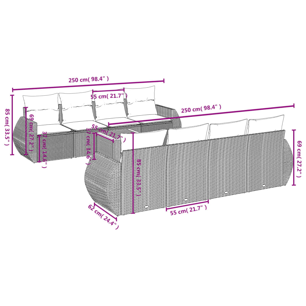 Σαλόνι Κήπου Σετ 9 Τεμαχίων Μαύρο από Συνθ. Ρατάν με Μαξιλάρια