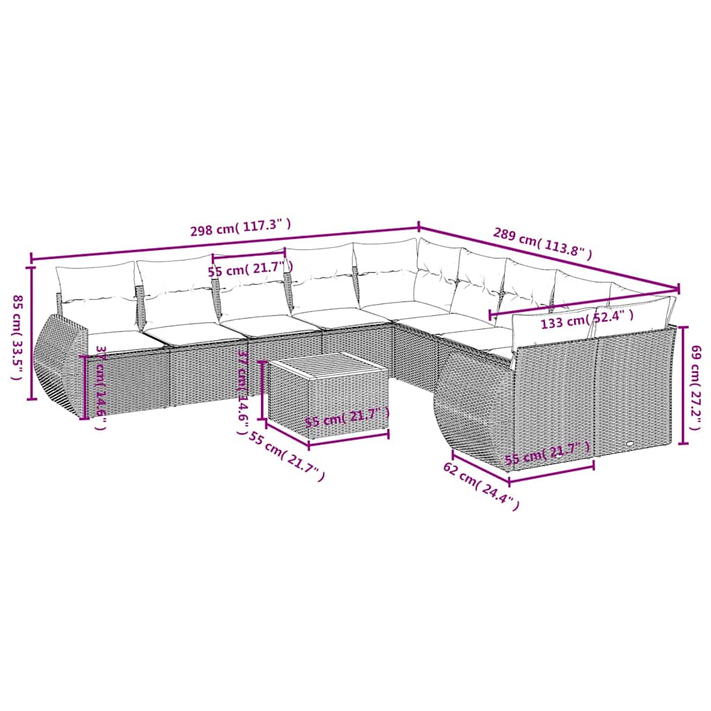 Σετ Καναπέδων Κήπου 11 Τεμαχίων με Μαξιλάρια από Μαύρο Συνθετικό Ρατάν - Pakobazaar
