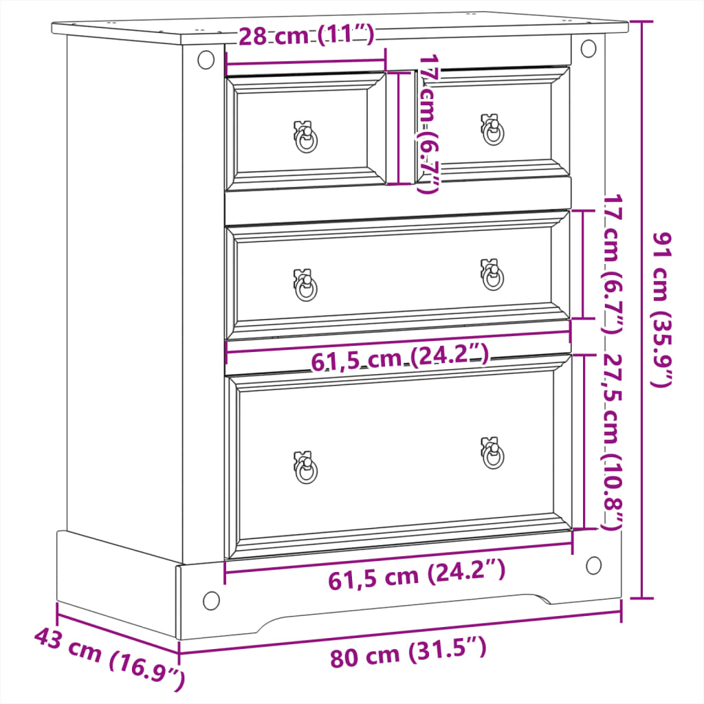 Συρταριέρα Corona 80 x 43 x 91 εκ. από Μασίφ Ξύλο Πεύκου - Pakobazaar