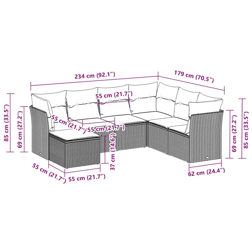Καναπές Σετ 7 Τεμαχίων Μαύρο Συνθετικό Ρατάν με Μαξιλάρια