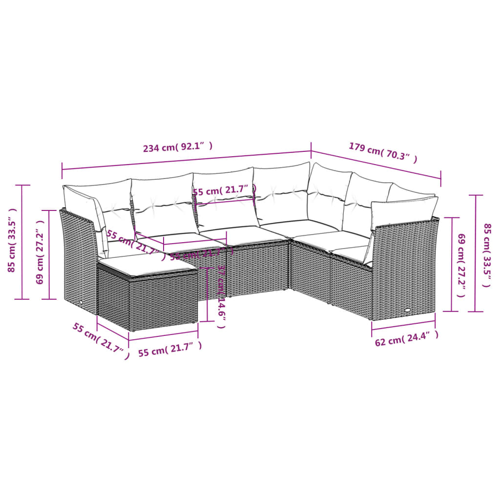 Σαλόνι Κήπου Σετ 7 Τεμαχίων Καφέ Συνθετικό Ρατάν με Μαξιλάρια