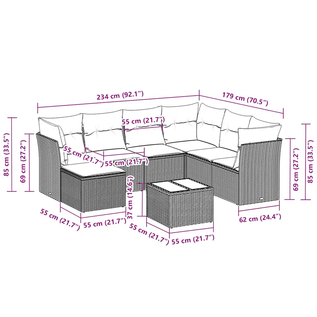 Σαλόνι Κήπου Σετ 8 Τεμαχίων Γκρι Συνθετικό Ρατάν με Μαξιλάρια