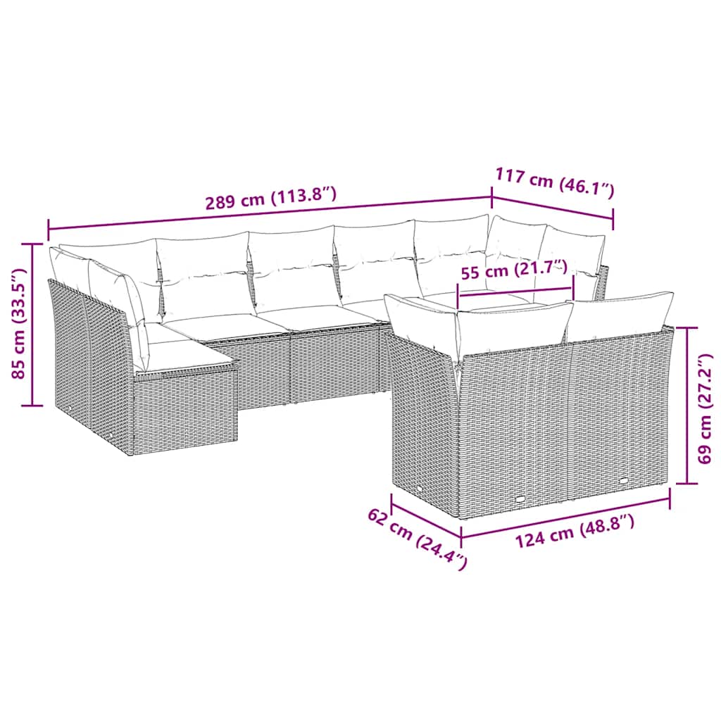 Σαλόνι Κήπου Σετ 9 Τεμαχίων Γκρι Συνθετικό Ρατάν με Μαξιλάρια