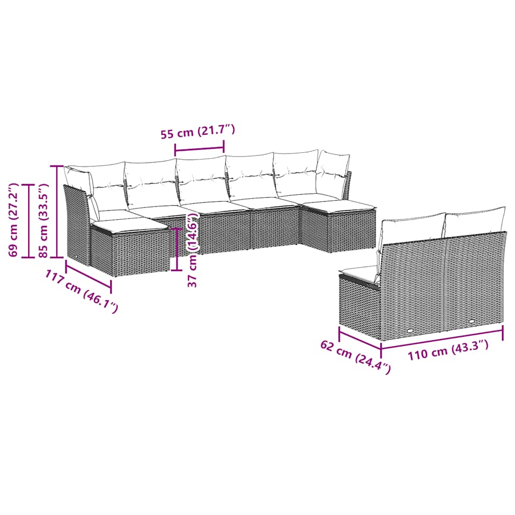 Σαλόνι Κήπου Σετ 9 Τεμαχίων Μαύρο από Συνθ. Ρατάν με Μαξιλάρια