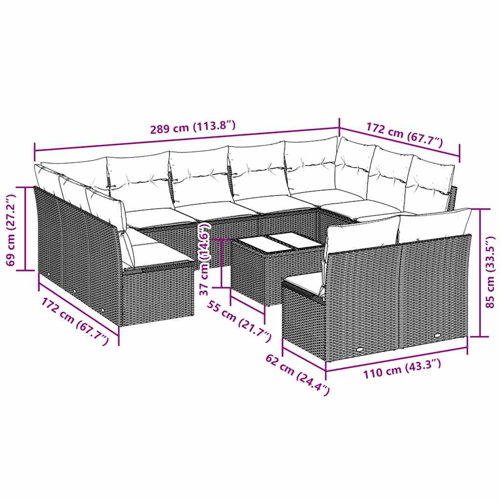 Σαλόνι Κήπου 12 Τεμαχίων Αν. Γκρι Συνθετικό Ρατάν με Μαξιλάρια