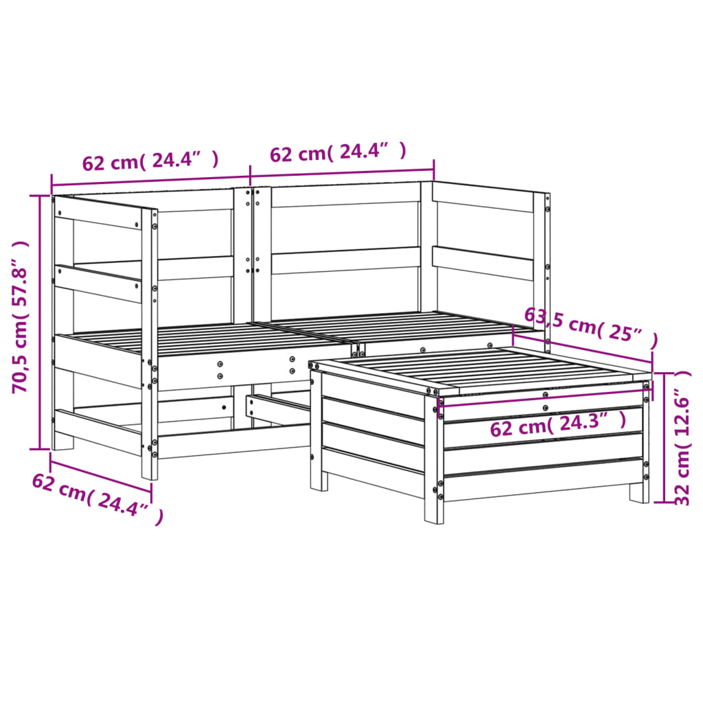 Καναπές Κήπου Σετ 3 Τεμαχίων από Μασίφ Ξύλο Πεύκου - Pakobazaar