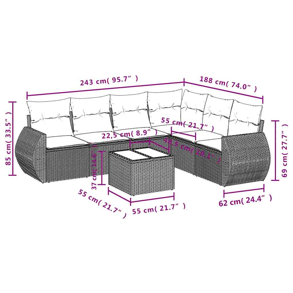 Σετ Καναπέδων Κήπου 7 Τεμαχίων με Μαξιλάρια από Μαύρο Συνθετικό Ρατάν - Pakobazaar