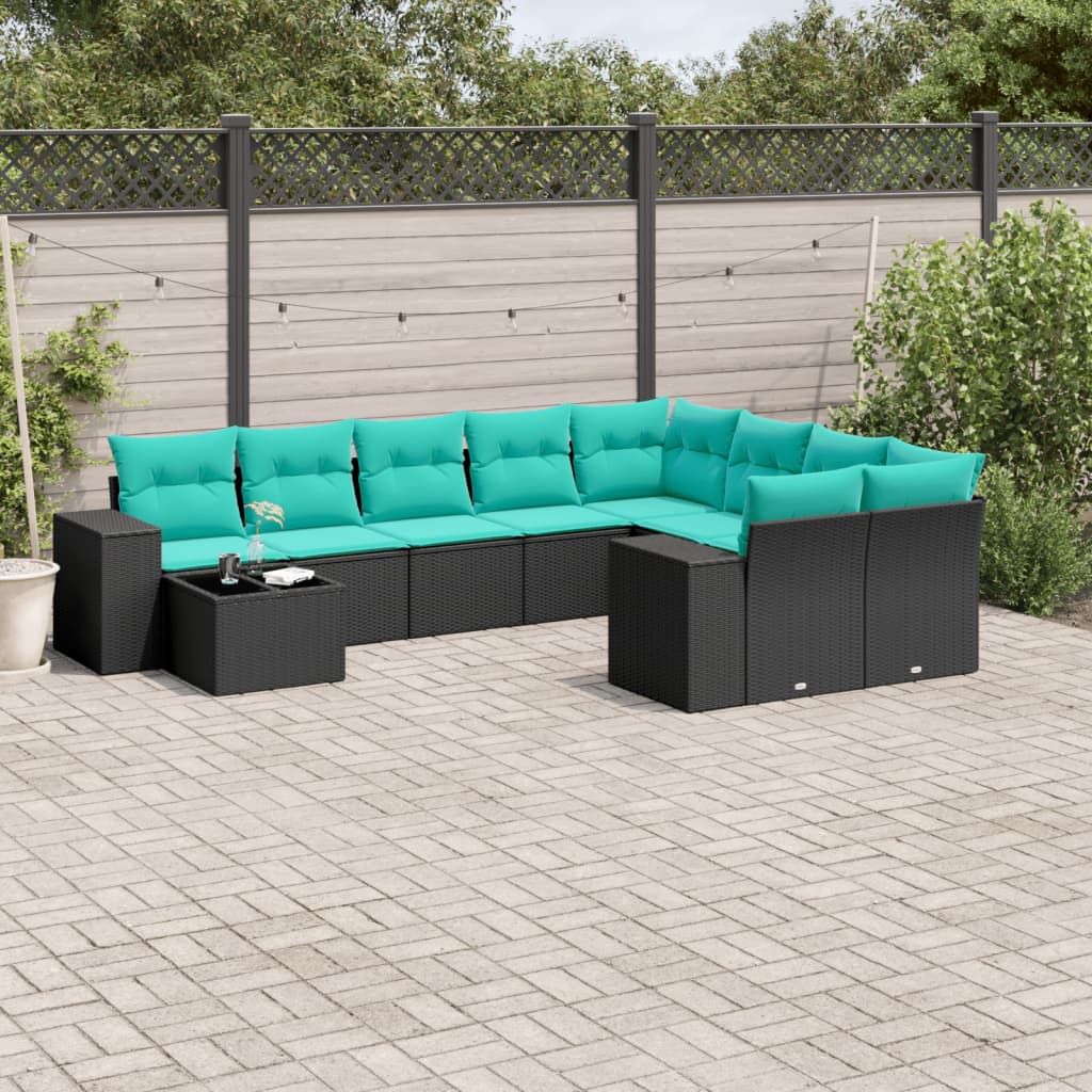 Σετ Καναπέδων Κήπου 10 Τεμαχίων με Μαξιλάρια από Μαύρο Συνθετικό Ρατάν - Pakobazaar