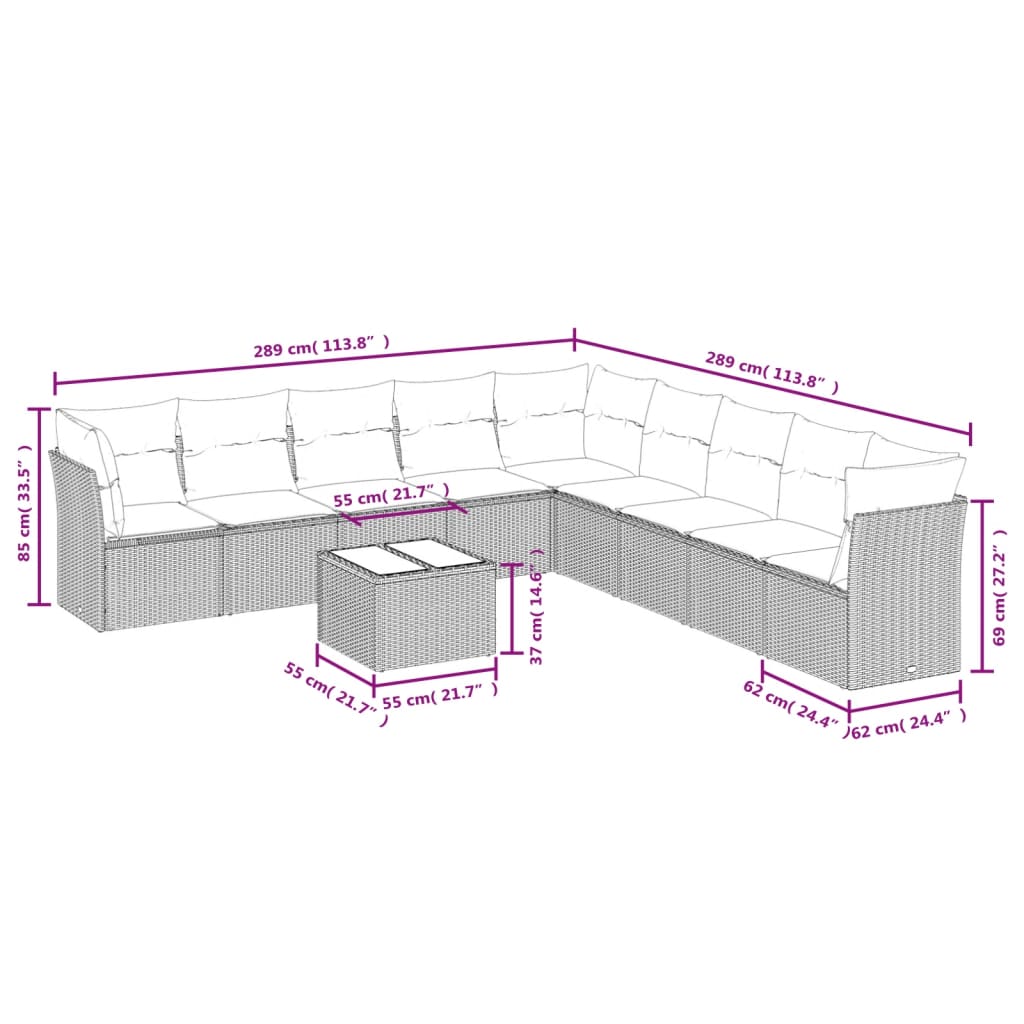 Σαλόνι Κήπου 10 Τεμαχίων Καφέ από Συνθετικό Ρατάν με Μαξιλάρια