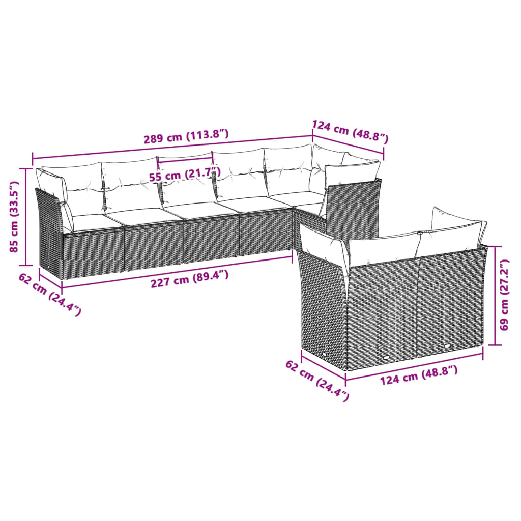 Σαλόνι Κήπου Σετ 8 Τεμαχίων Γκρι Συνθετικό Ρατάν με Μαξιλάρια