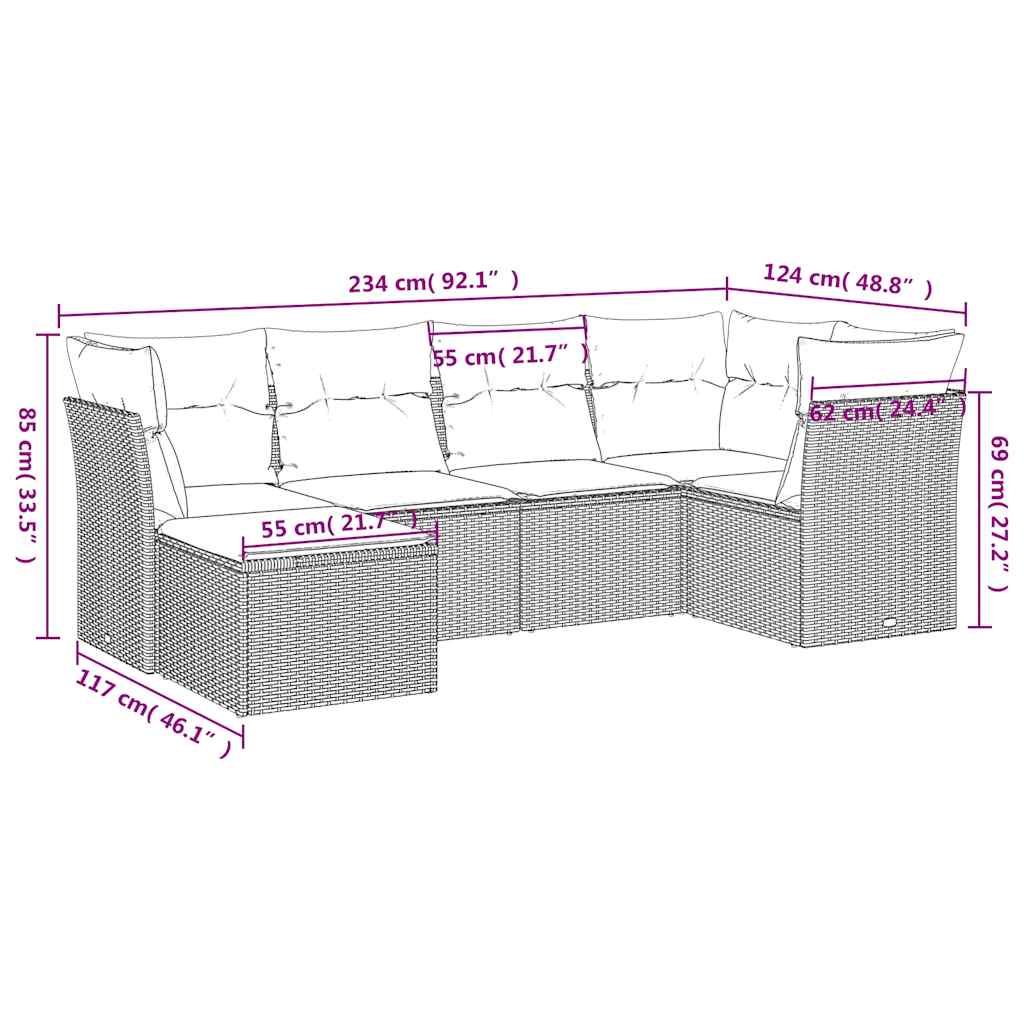 Σαλόνι Κήπου Σετ 6 Τεμαχίων Καφέ Συνθετικό Ρατάν με Μαξιλάρια