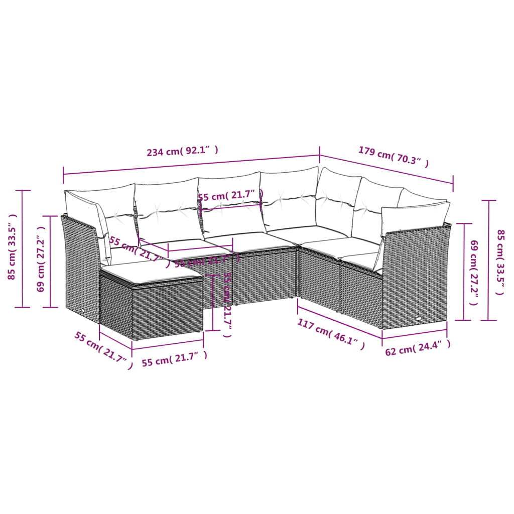 Καναπές Σετ 7 Τεμαχίων Μαύρο Συνθετικό Ρατάν με Μαξιλάρια