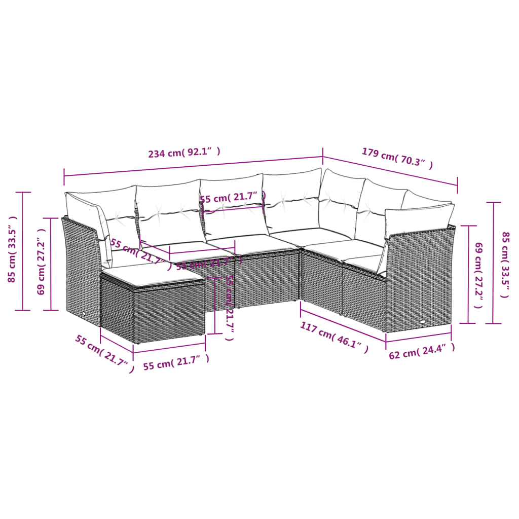 Καναπές Σετ 7 Τεμαχίων Μαύρο Συνθετικό Ρατάν με Μαξιλάρια