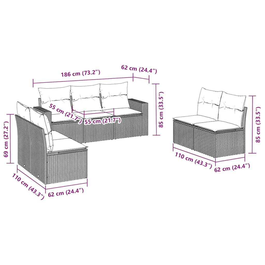 Σαλόνι Κήπου Σετ 7 Τεμαχίων Καφέ Συνθετικό Ρατάν με Μαξιλάρια