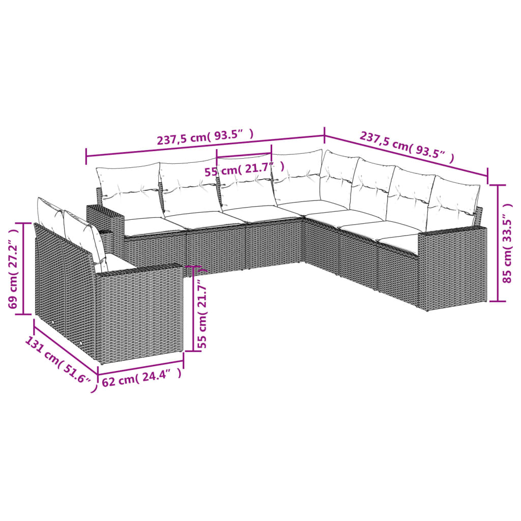 Σαλόνι Κήπου Σετ 9 τεμ. Καφέ από Συνθ. Ρατάν με Μαξιλάρια