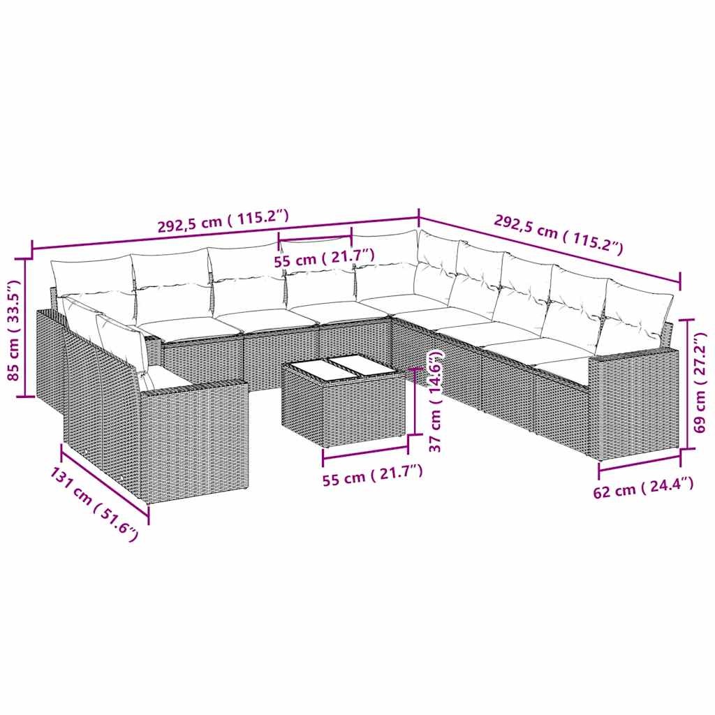 Σαλόνι Κήπου 12 Τεμαχίων Αν. Γκρι Συνθετικό Ρατάν με Μαξιλάρια