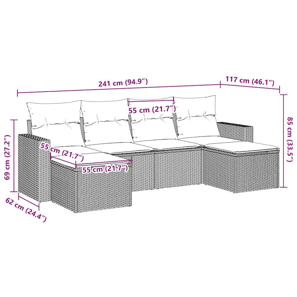 Σαλόνι Κήπου Σετ 6 Τεμαχίων Καφέ Συνθετικό Ρατάν με Μαξιλάρια