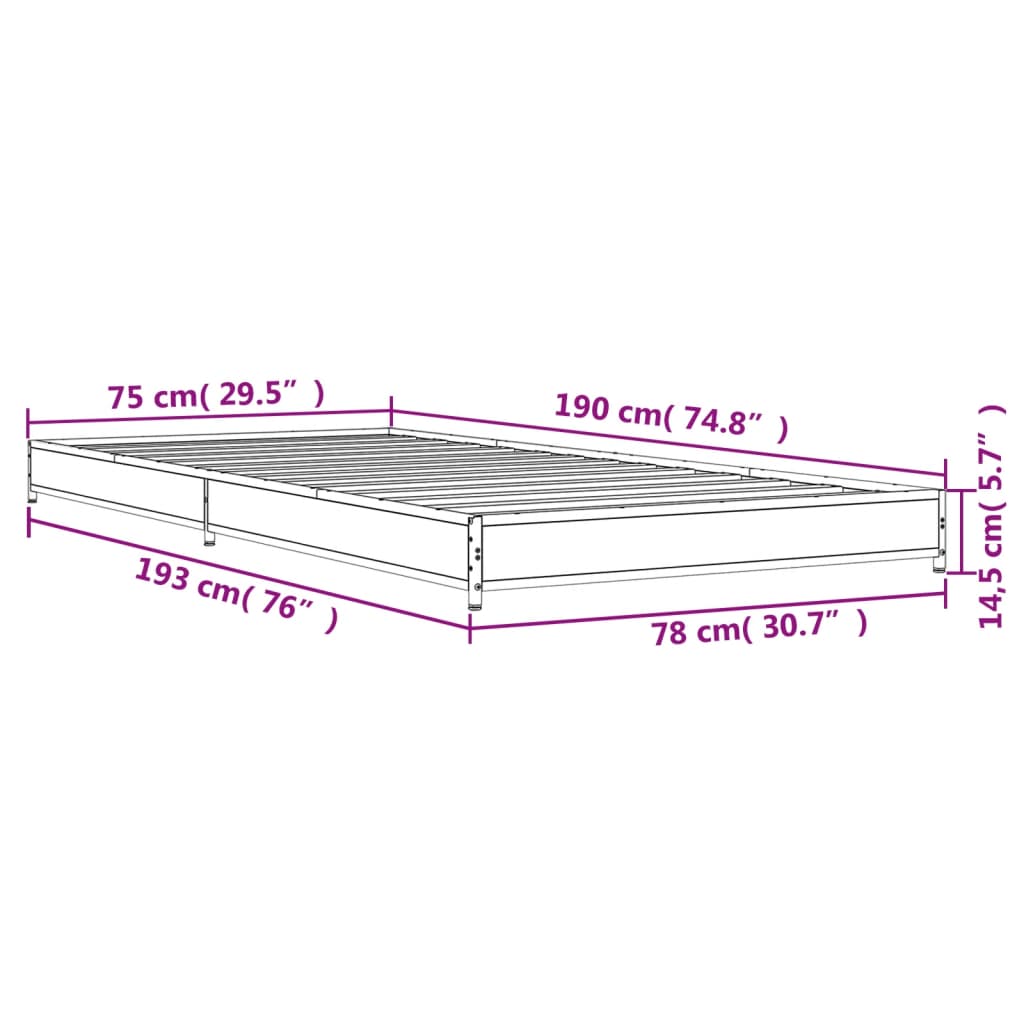 Πλαίσιο Κρεβατιού Γκρι Sonoma 75x190 εκ. Επεξ. Ξύλο & Μέταλλο