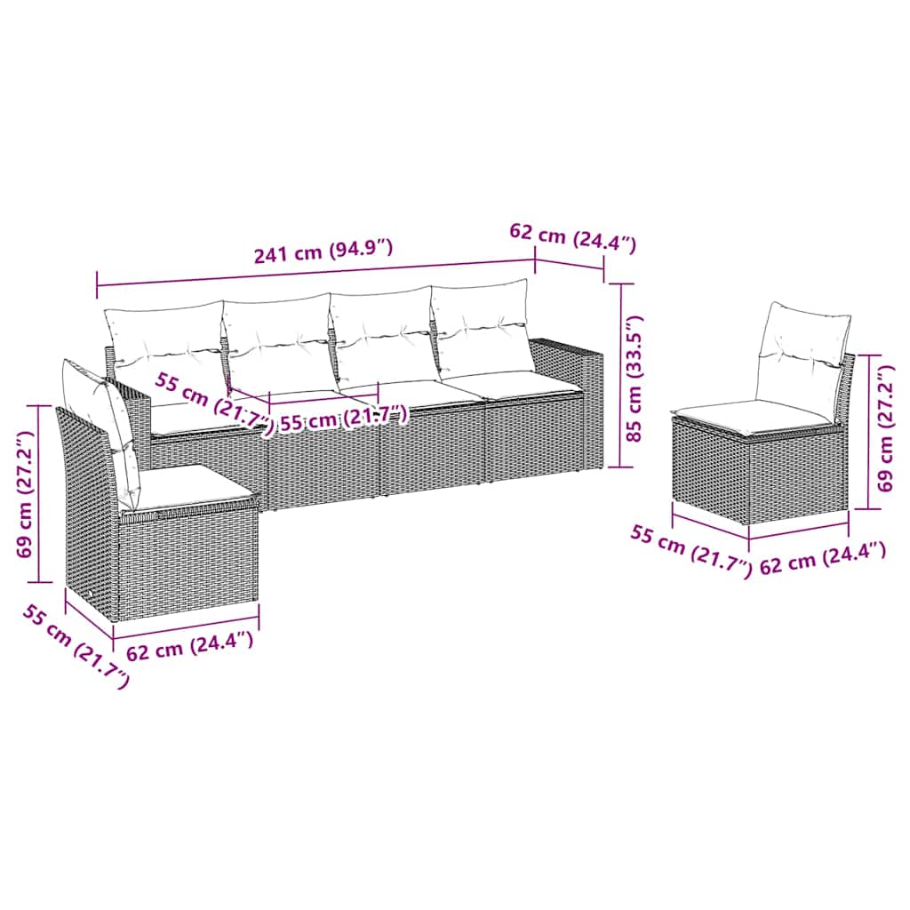Καναπές Κήπου 6 Τεμαχίων Μαύρο από Συνθετικό Ρατάν με Μαξιλάρια