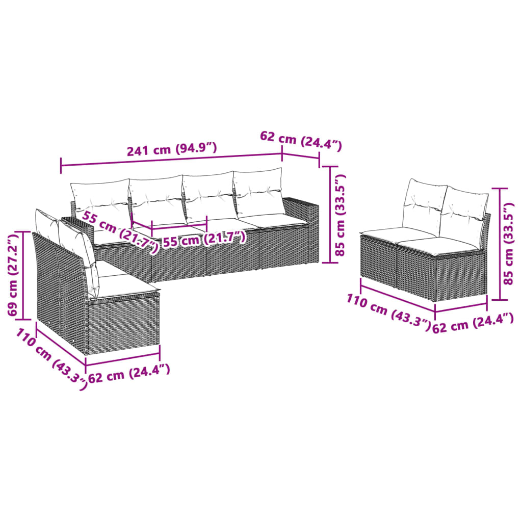 Σαλόνι Κήπου Σετ 8 Τεμαχίων Γκρι Συνθετικό Ρατάν με Μαξιλάρια