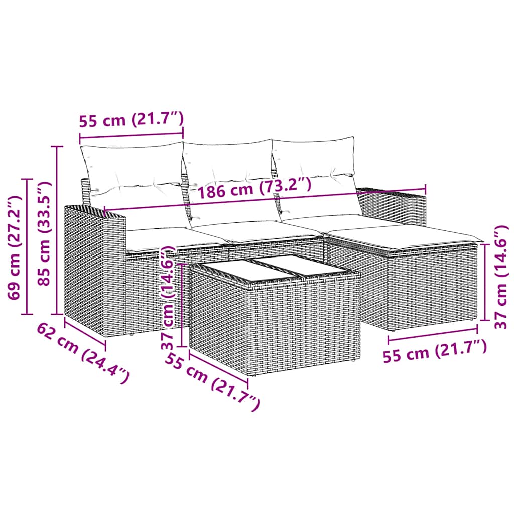Σετ Καναπέ Κήπου 5 Τεμαχίων Μαύρο Συνθετικό Ρατάν με Μαξιλάρια