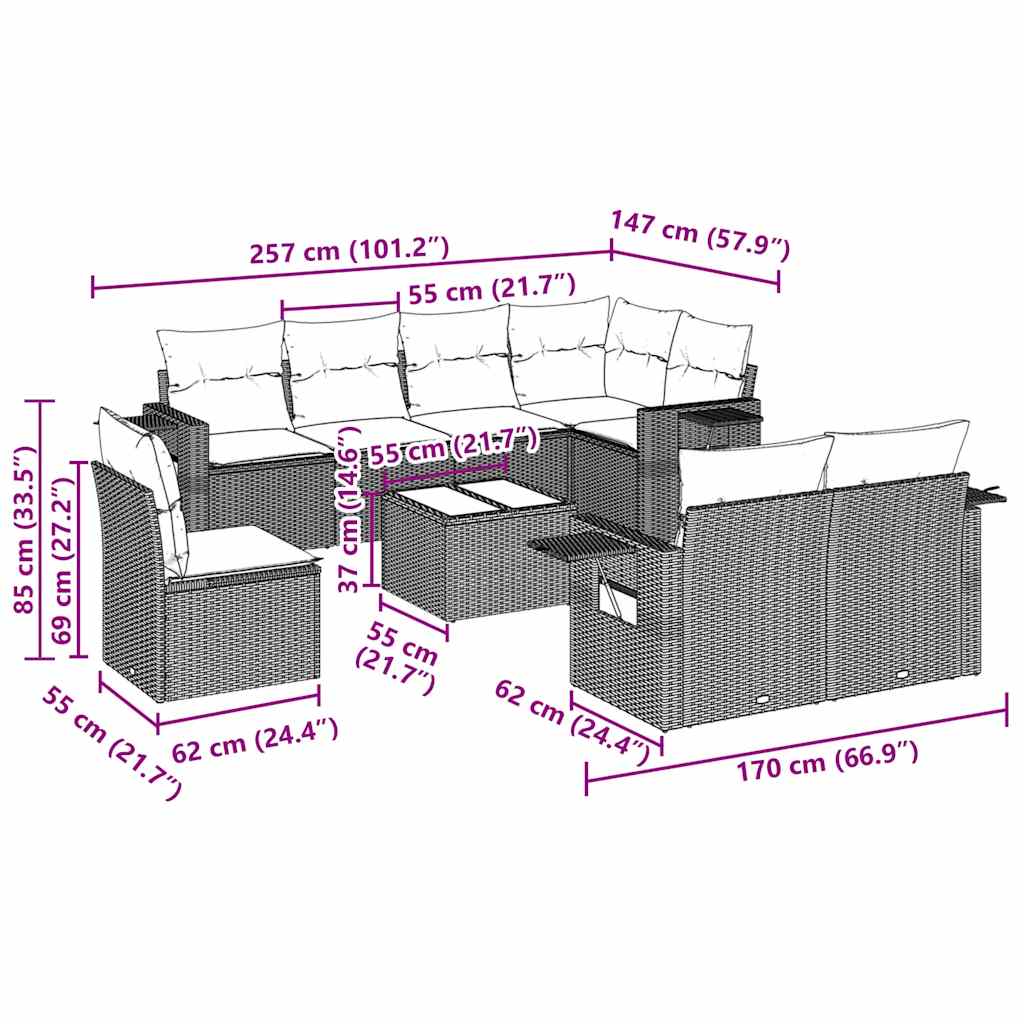 Σαλόνι Κήπου Σετ 9 Τεμαχίων Μαύρο από Συνθ. Ρατάν με Μαξιλάρια