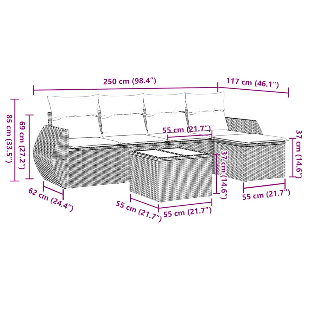 Σαλόνι Κήπου Σετ 6 Τεμαχίων Γκρι Συνθετικό Ρατάν με Μαξιλάρια