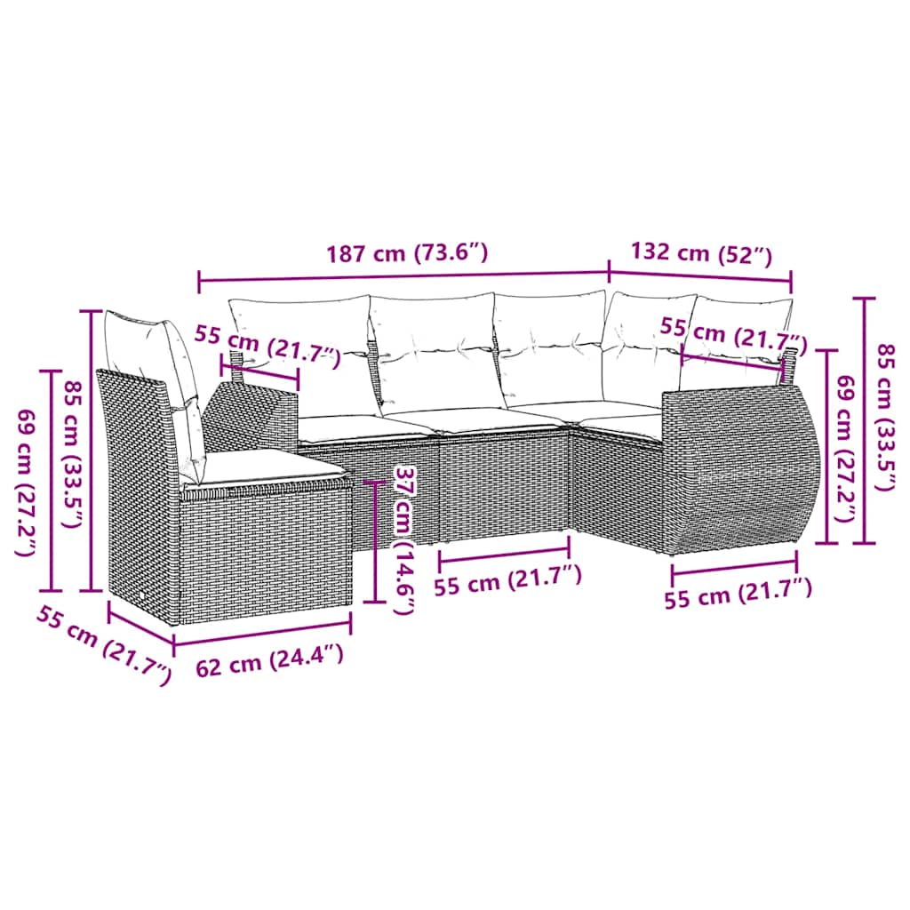 Σετ Καναπέ Κήπου 5 Τεμαχίων Μαύρο Συνθετικό Ρατάν με Μαξιλάρια