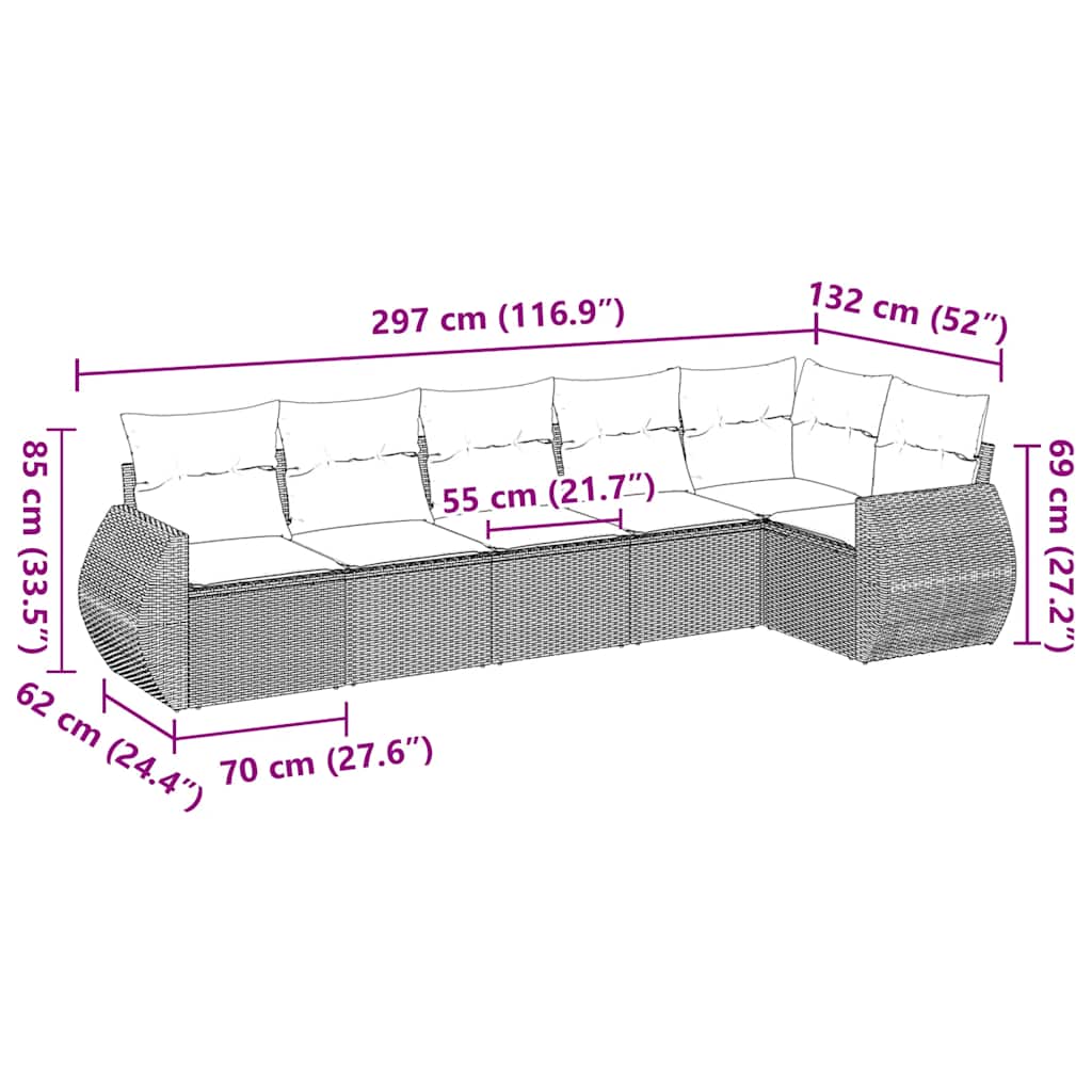 Καναπές Κήπου 6 Τεμαχίων Μαύρο από Συνθετικό Ρατάν με Μαξιλάρια