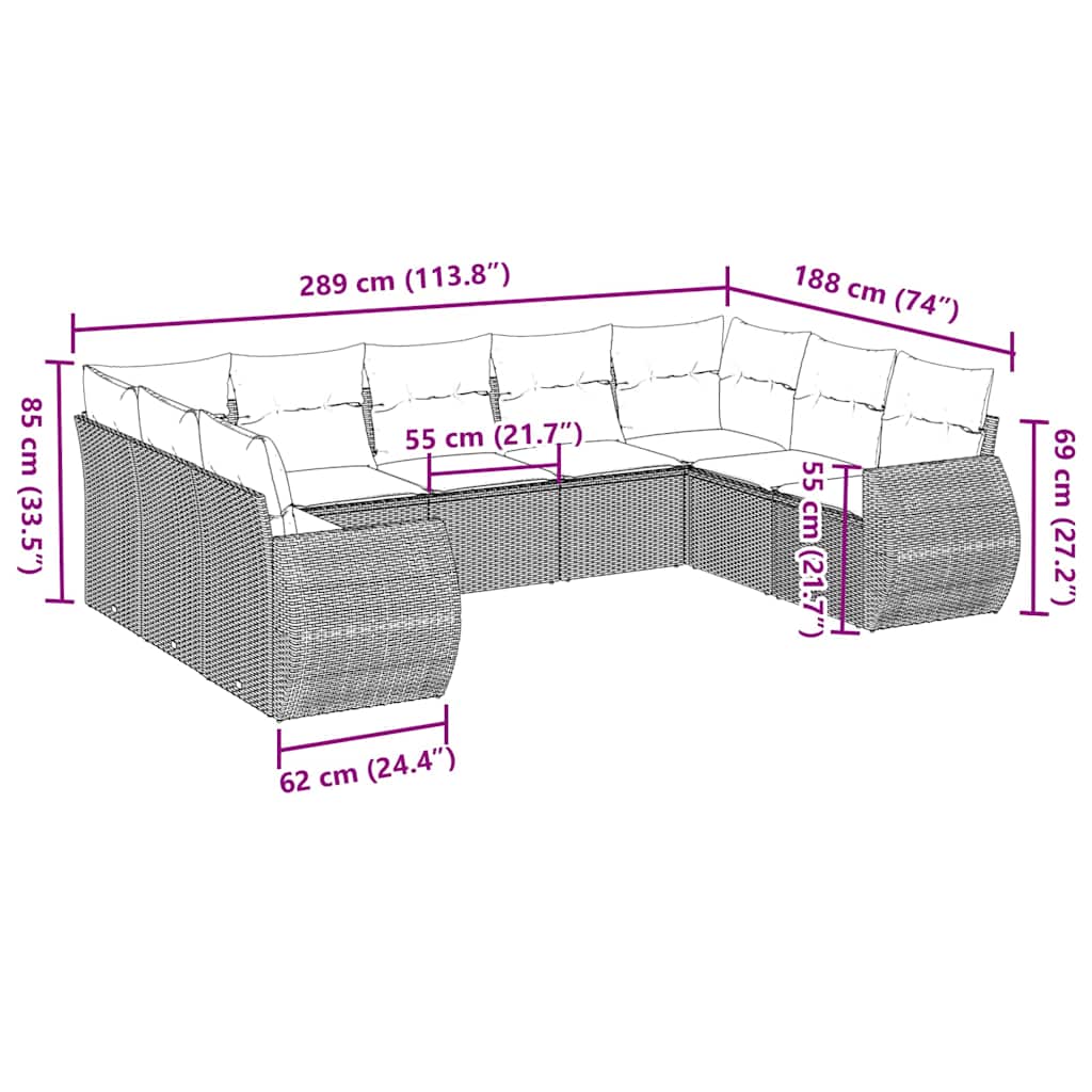 Σαλόνι Κήπου Σετ 9 Τεμαχίων Γκρι Συνθετικό Ρατάν με Μαξιλάρια