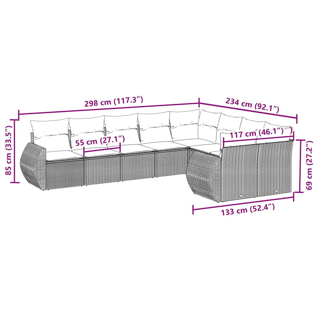 Σαλόνι Κήπου Σετ 9 Τεμαχίων Μαύρο από Συνθ. Ρατάν με Μαξιλάρια