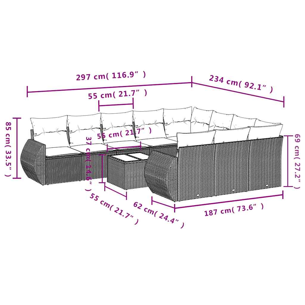 Σαλόνι Κήπου Σετ 11 Τεμαχίων Μαύρο Συνθετικό Ρατάν με Μαξιλάρια