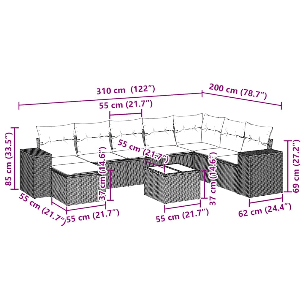 Σαλόνι Κήπου Σετ 9 Τεμαχίων Γκρι Συνθετικό Ρατάν με Μαξιλάρια