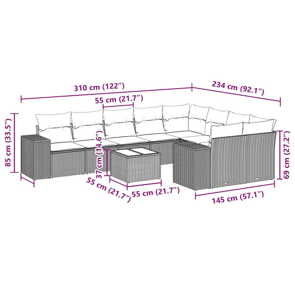 Σαλόνι Κήπου Σετ 10 Τεμαχίων Μαύρο Συνθετικό Ρατάν με Μαξιλάρια