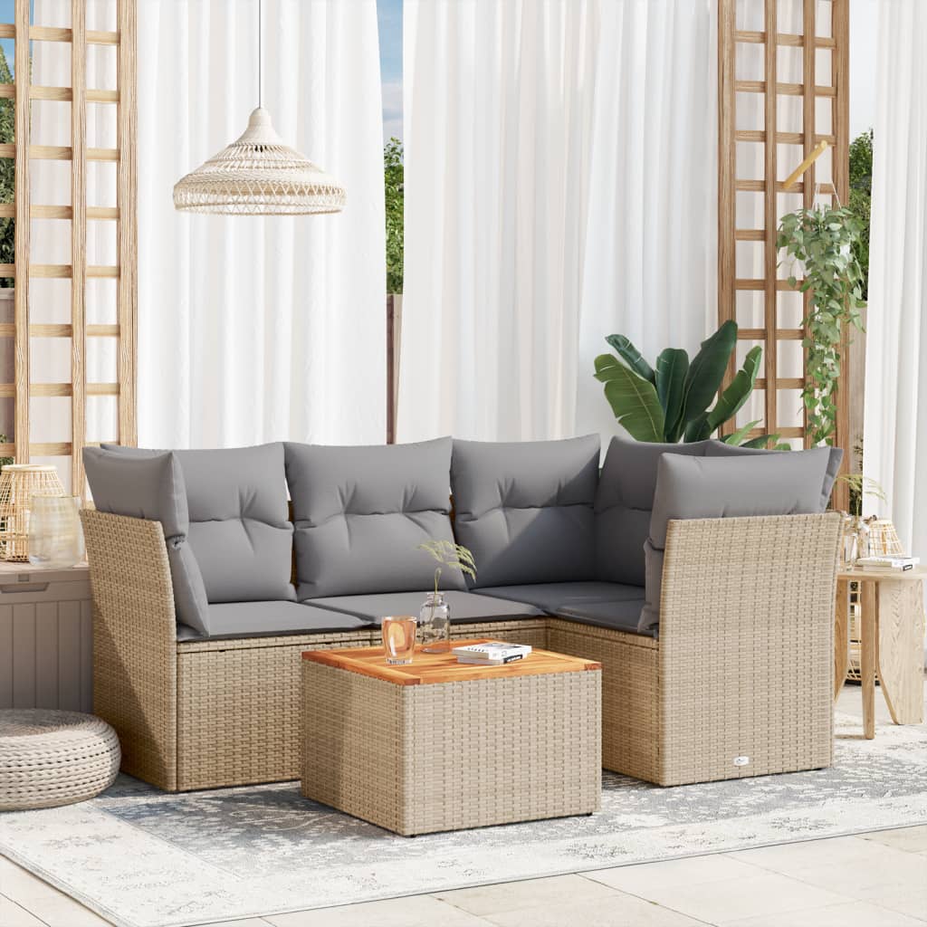 Σετ Καναπέ Κήπου 5 τεμ. Μικτό Μπεζ Συνθετικό Ρατάν & Μαξιλάρια