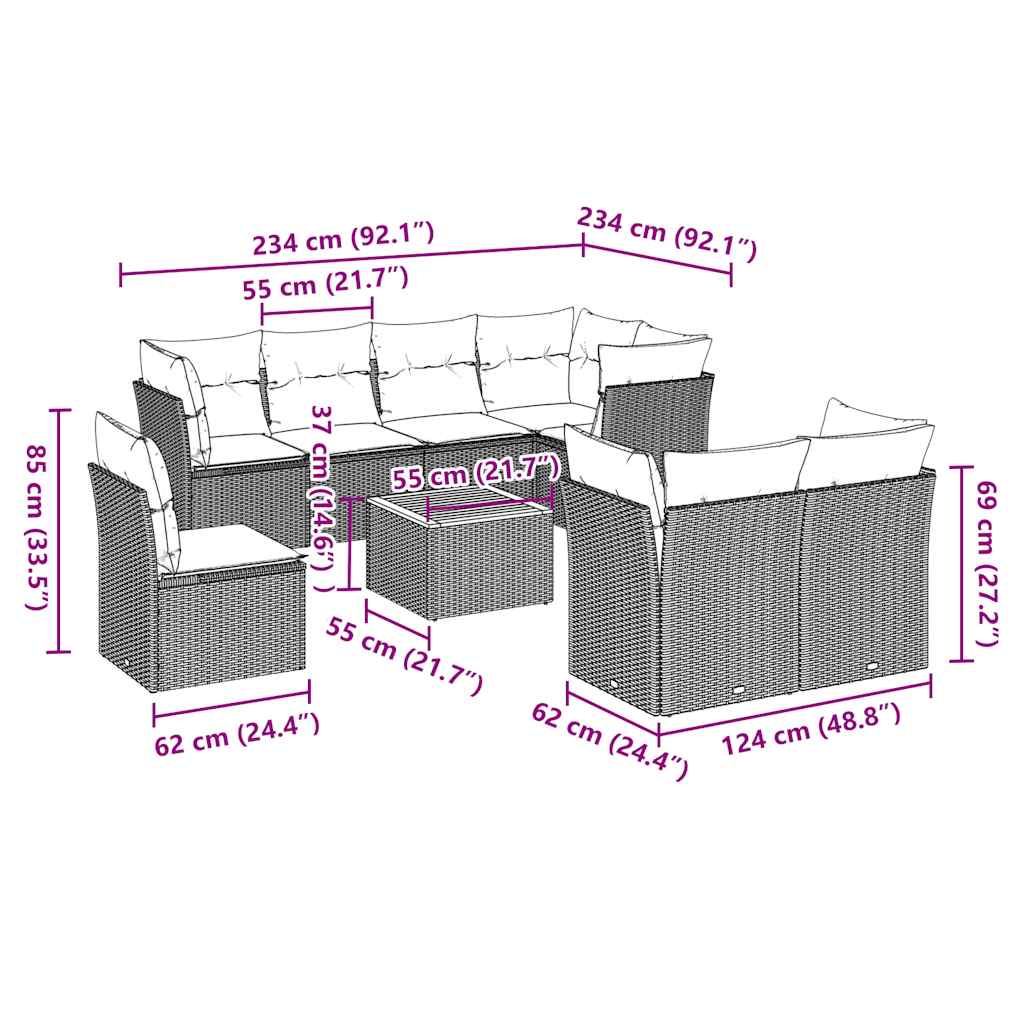 Σετ Σαλονιού Κήπου 9 τεμ. Γκρι Συνθετικό Ρατάν με Μαξιλάρια