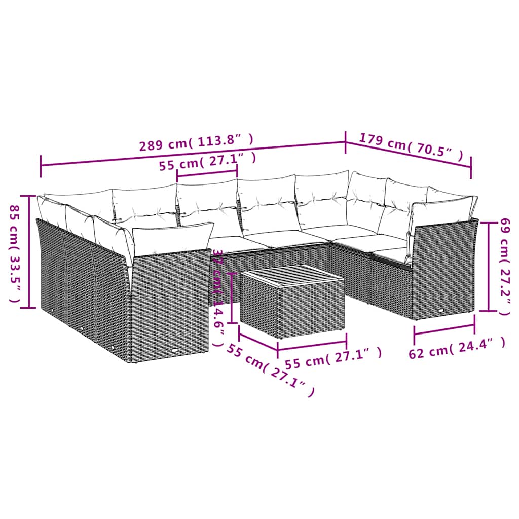 Σετ Σαλονιού Κήπου 10 τεμ. Γκρι Συνθετικό Ρατάν με Μαξιλάρια
