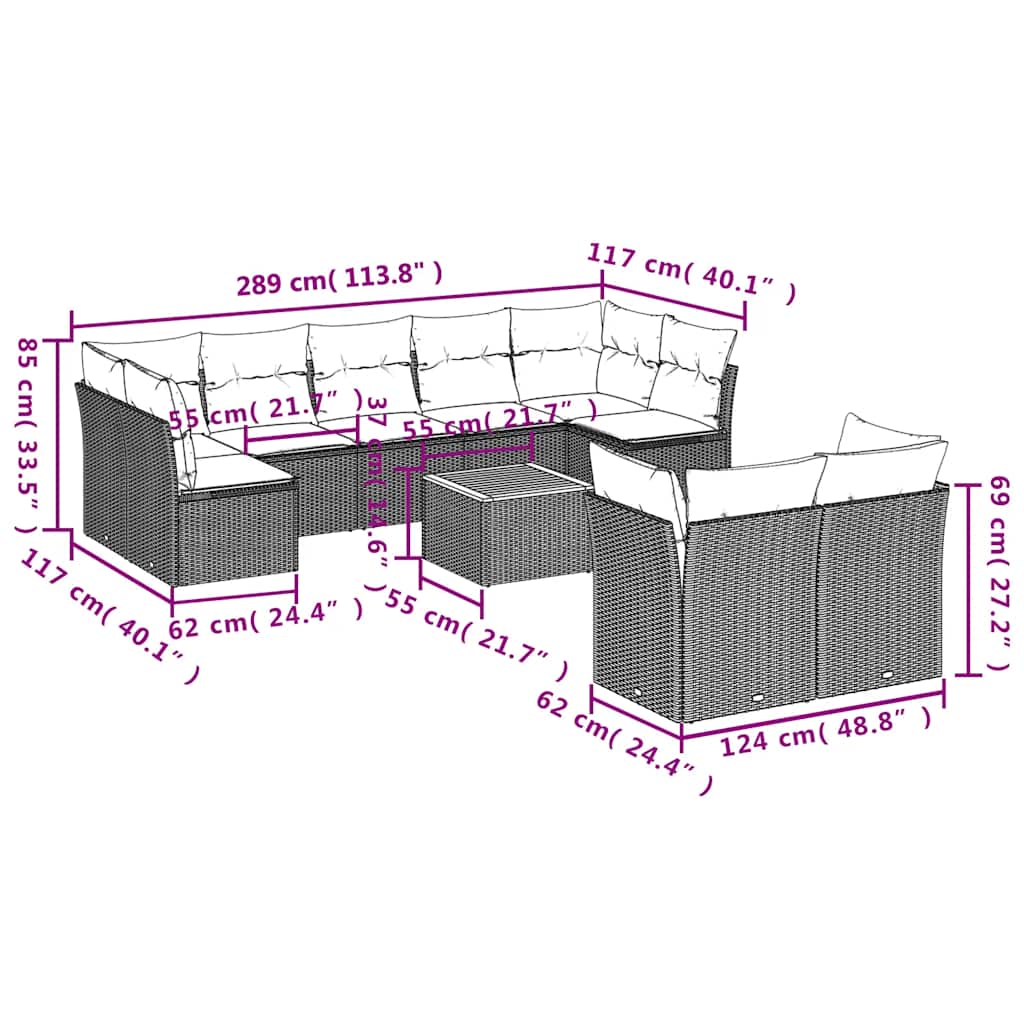 Σαλόνι Κήπου Σετ 10 Τεμαχίων Μαύρο Συνθετικό Ρατάν με Μαξιλάρια